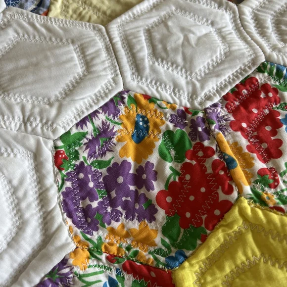 MCM Vintage Colorful Handmade Quilt Octagon Mixed Material 60x94 Flower